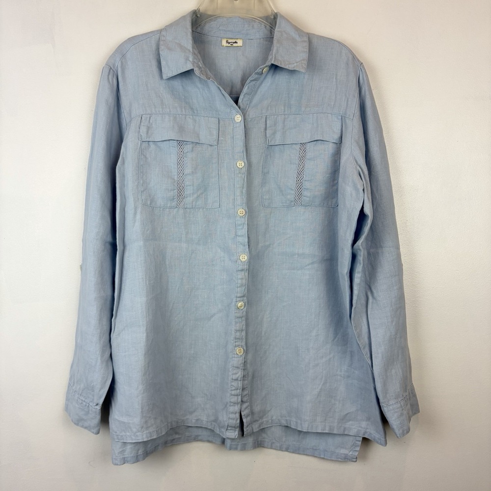 Symple NYC Linen Top Womens Large Light Blue Linen Blend Shirt Coastal Read